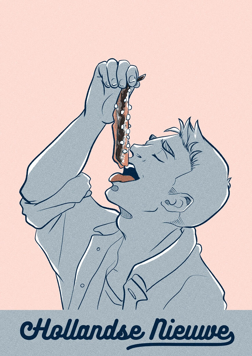 A portrait postcard style illustration of a young adult male with short hair eating Dutch new herring with onions in the traditional style by lowering it into his mouth.