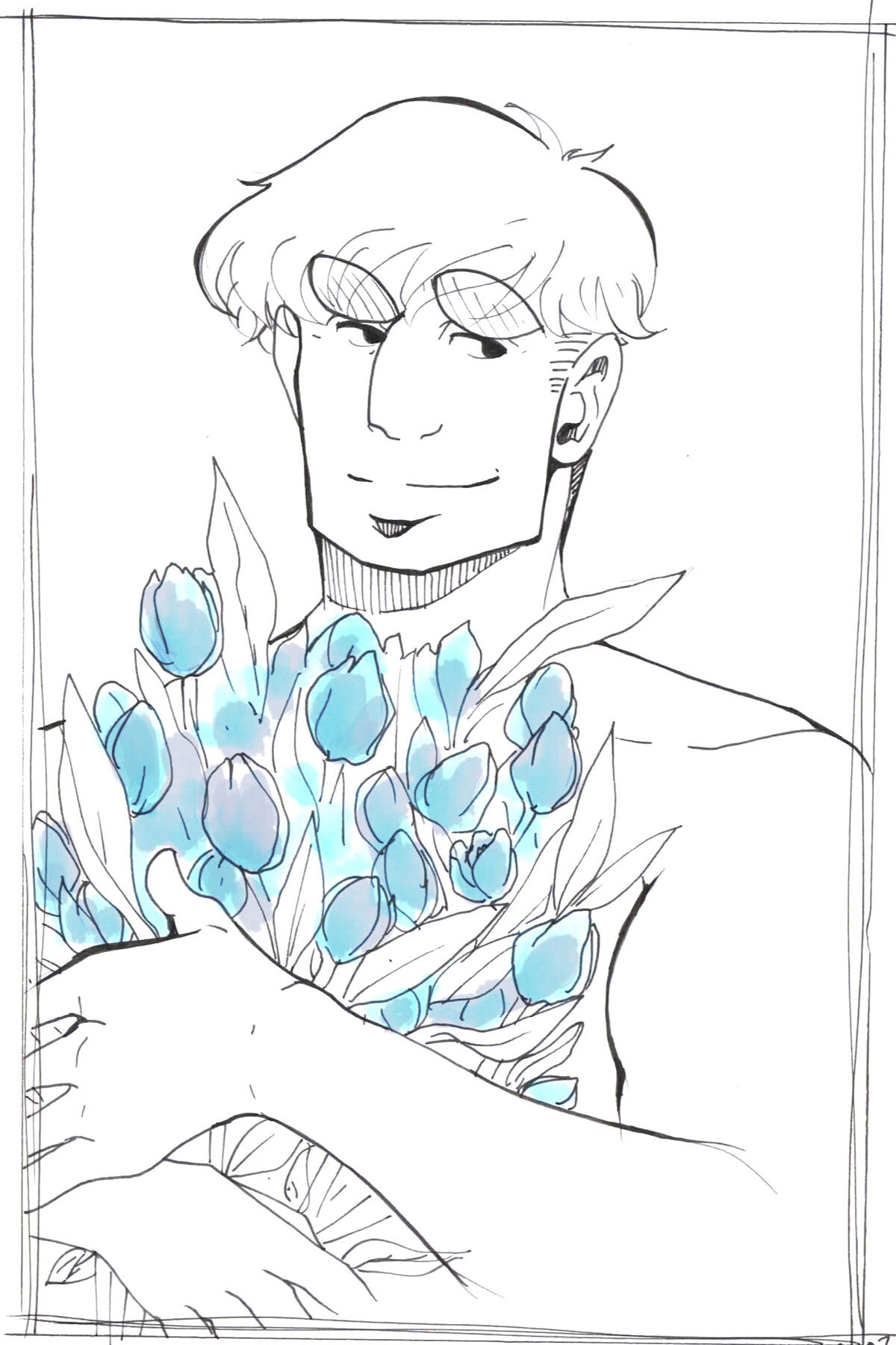 A black fine liner portrait on a white background depicting a man holding a bouquet of tulips. There is no colour save for the blue of the tulip flowers.